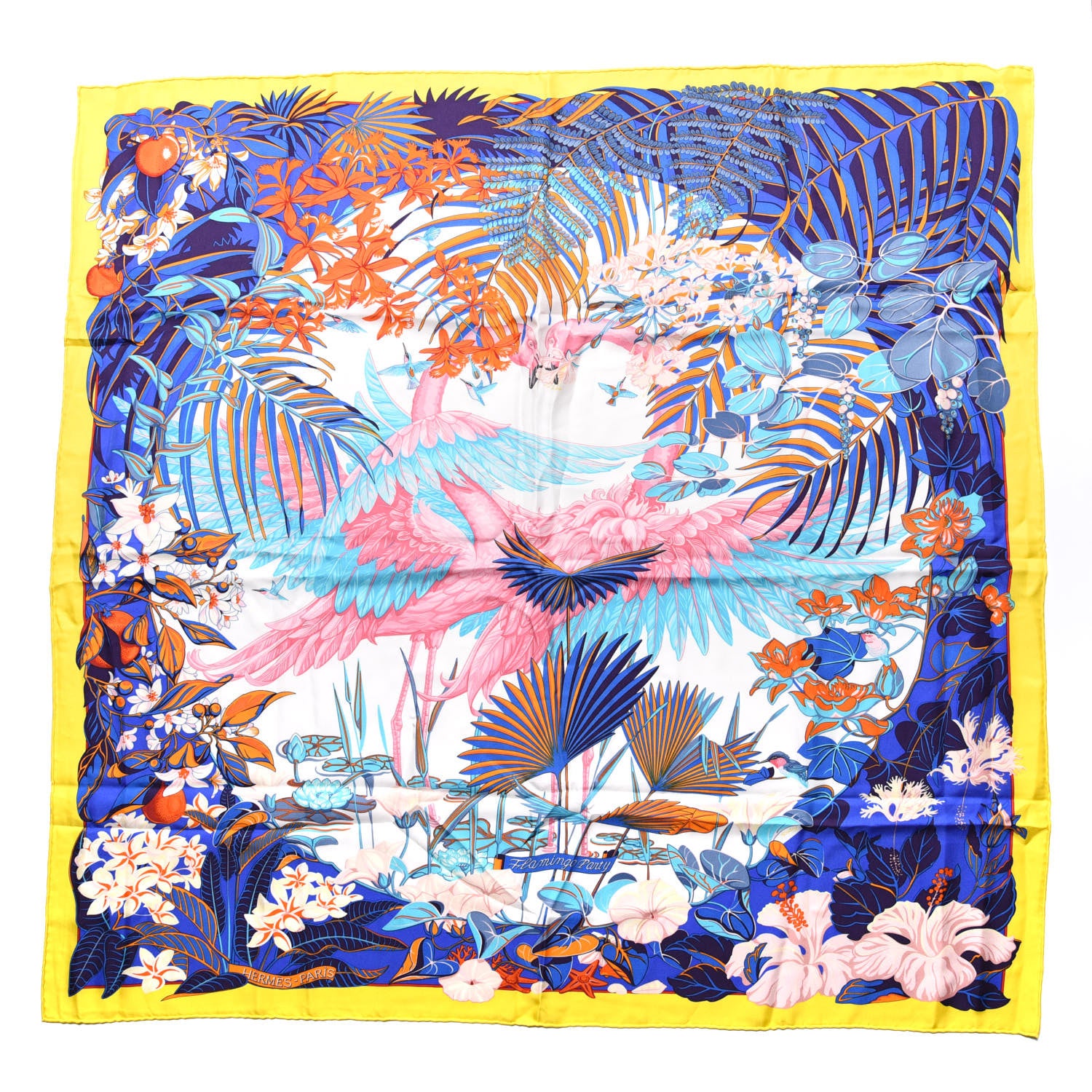 Hermes Silk Flamingo Party Scarf 90 Jaune Vif Bleu Blanc 1 of 3