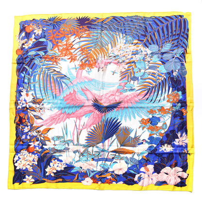 Hermes Silk Flamingo Party Scarf 90 Jaune Vif Bleu Blanc 1 of 3