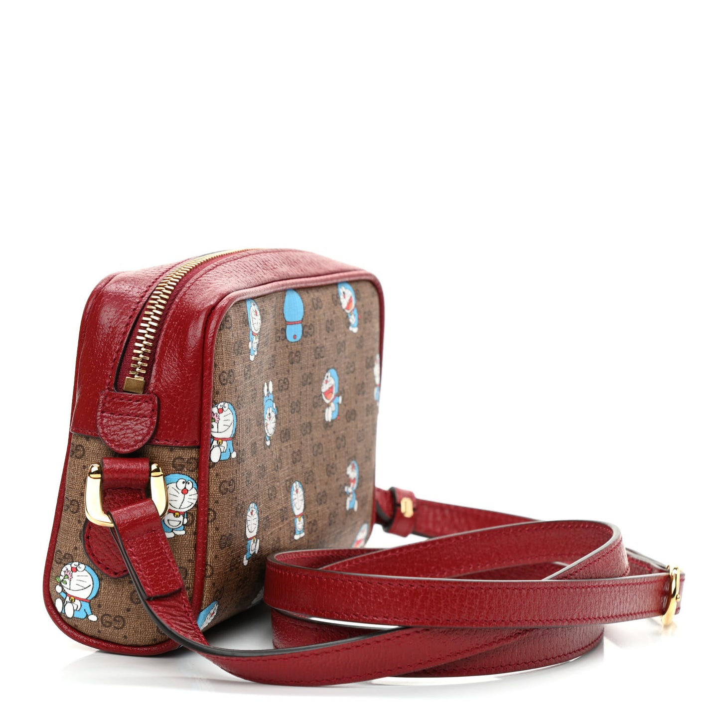 X DORAEMON Mini Vintage GG Supreme Monogram Camera Bag Beige Cherry Red