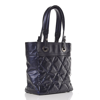 Chanel Metallic Coated Canvas Quilted Small Paris Biarritz Tote Blue 3 of 14