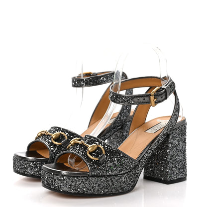 Gucci Glitter Nappa Silk Lady Horsebit 60mm Platform Sandals 37 Light Grey Anthracite 3 of 9