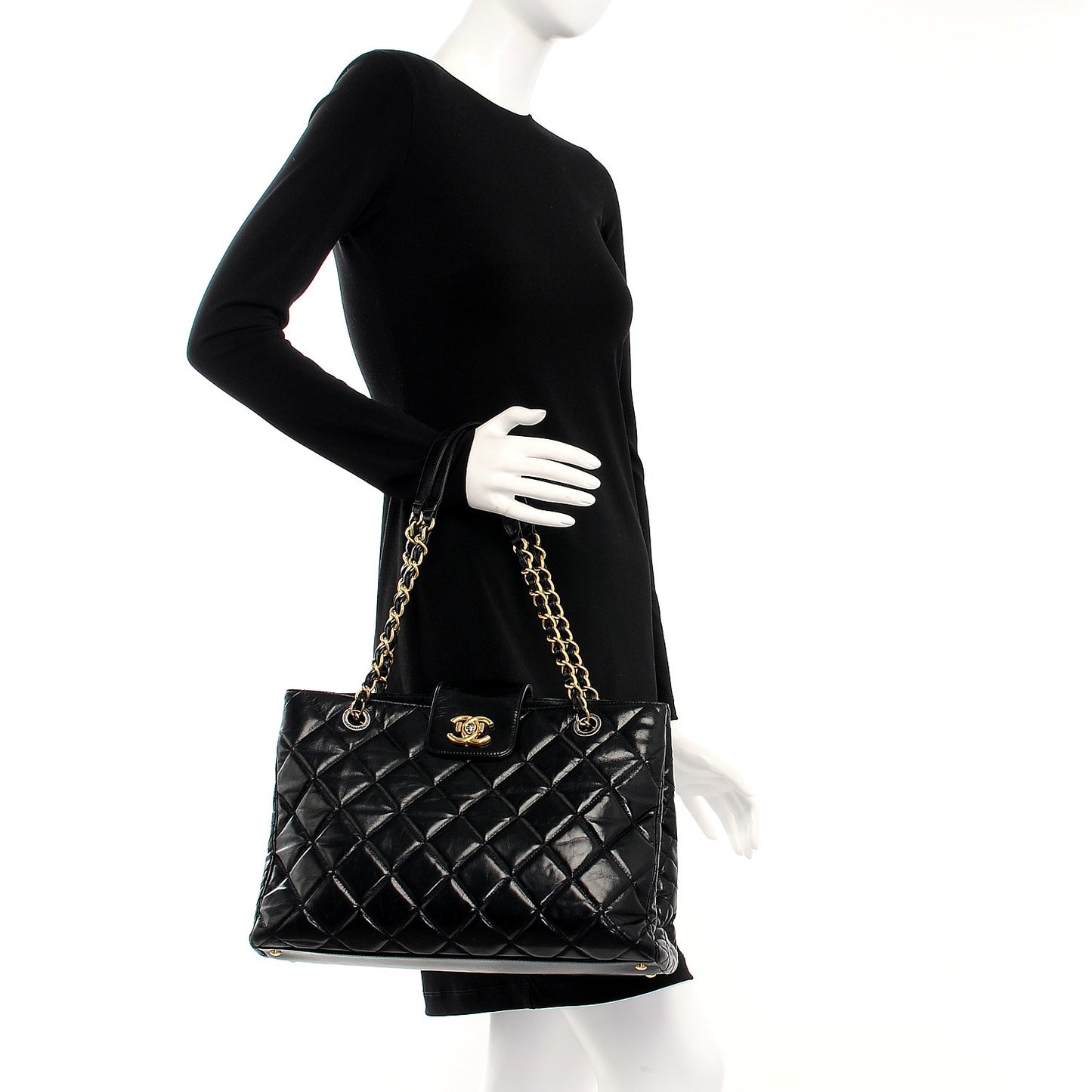 Glazed Calfskin Quilted Tote Black