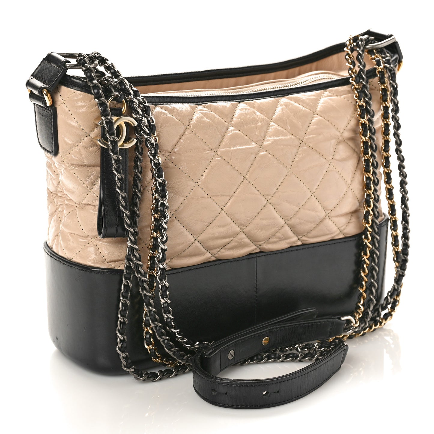Aged Calfskin Quilted Medium Gabrielle Hobo Beige Black