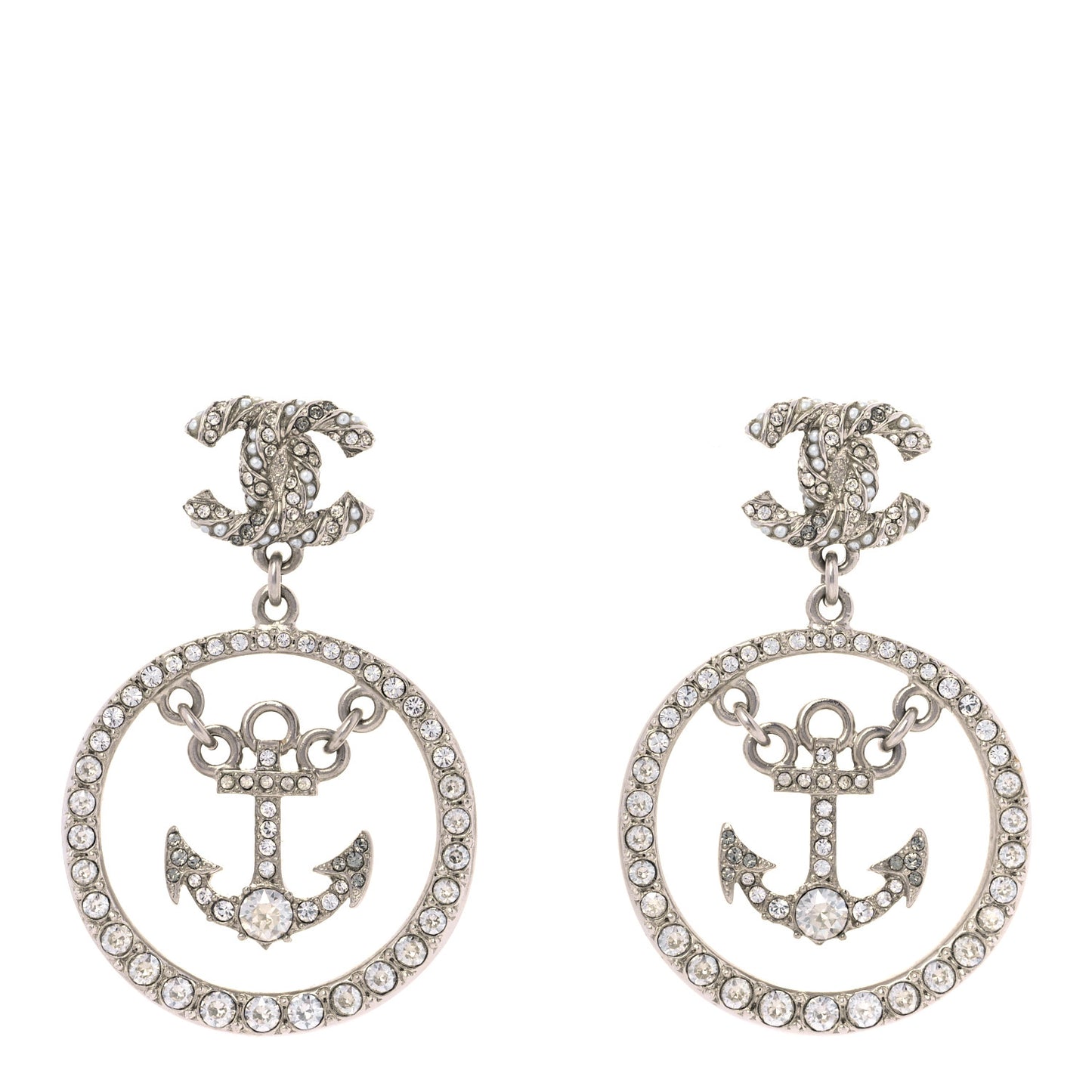 Crystal Pearl CC Anchor Drop Earrings Silver