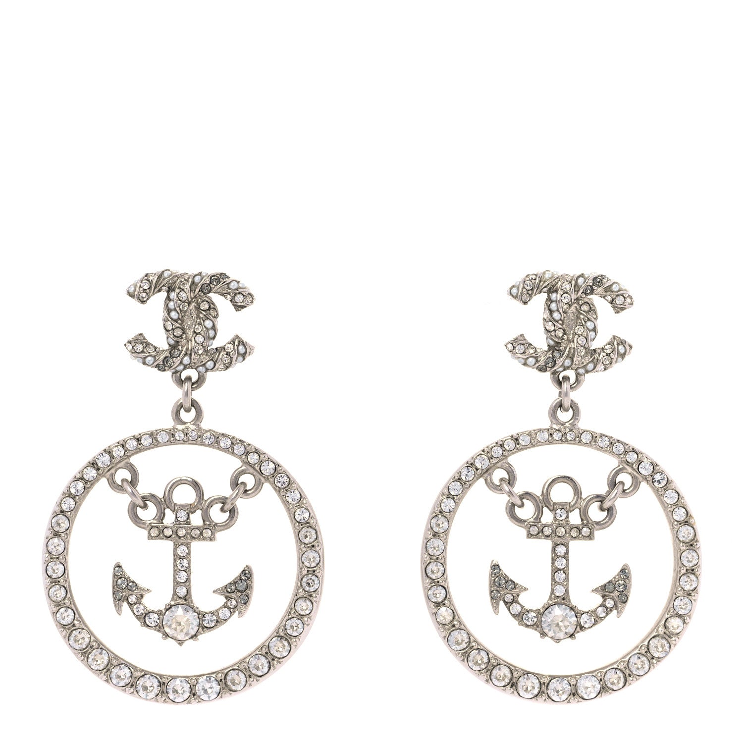 Chanel Crystal Pearl CC Anchor Drop Earrings Silver 1 of 4