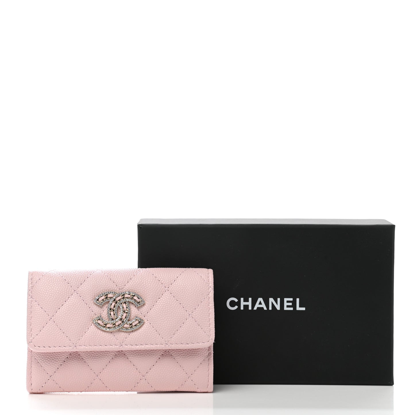 Caviar Quilted Crystal CC Flap Card Holder Pink