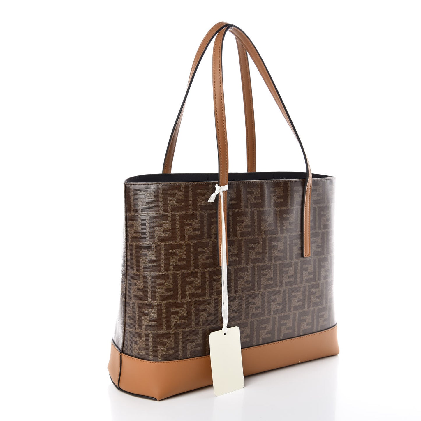 Glazed Fabric Vitello Century FF 1974 Stamp Patch Shopping Tote Mogano Panna Caramello