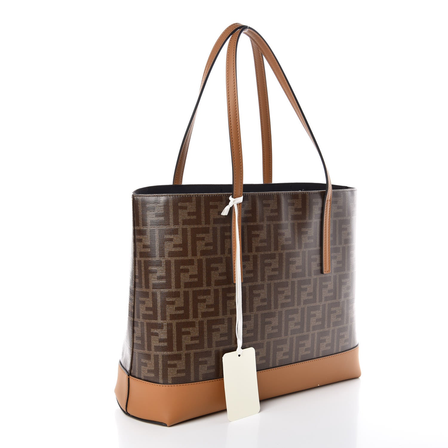 Fendi Glazed Fabric Vitello Century FF 1974 Stamp Patch Shopping Tote Mogano Panna Caramello 3 of 9