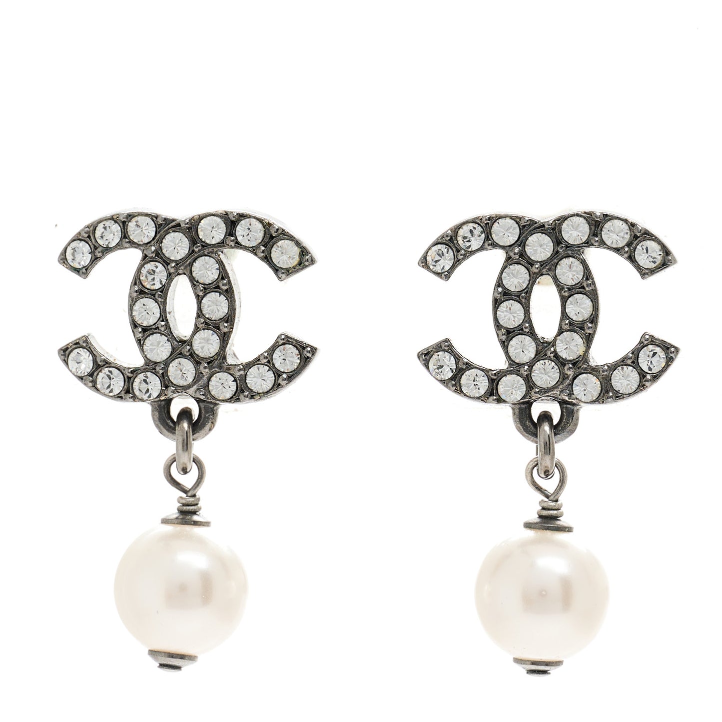 Crystal Pearl CC Drop Earrings Silver