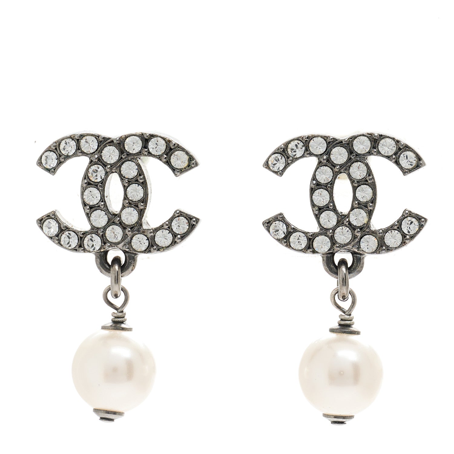 Chanel Crystal Pearl CC Drop Earrings Silver 1 of 5