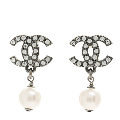 Chanel Crystal Pearl CC Drop Earrings Silver 1 of 5