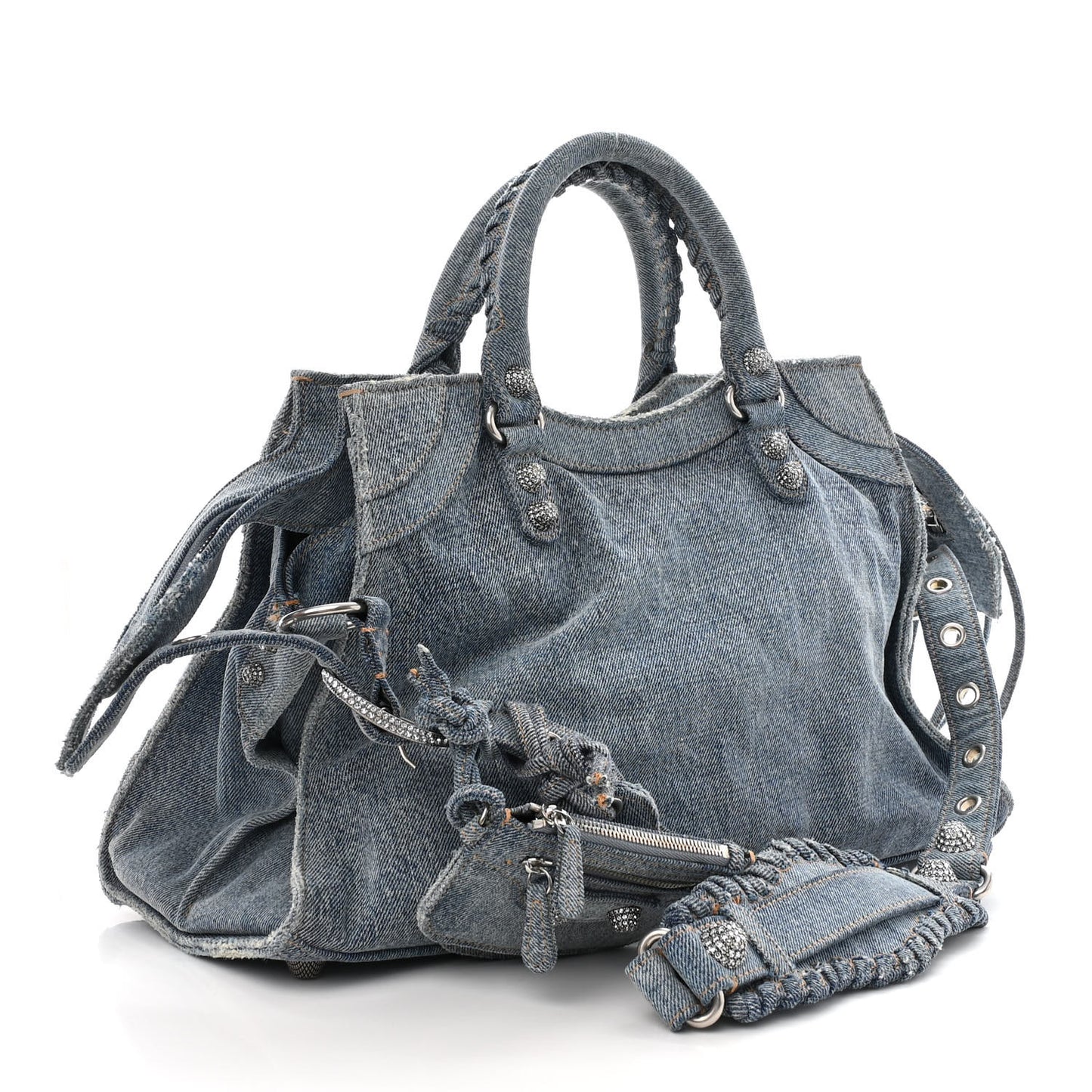 Washed Frayed Denim Crystal Neo Cagole City Handbag Blue