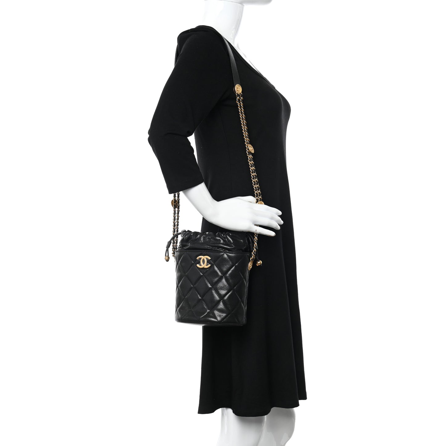 Caviar Quilted Twist Your Buttons Bucket Bag Black