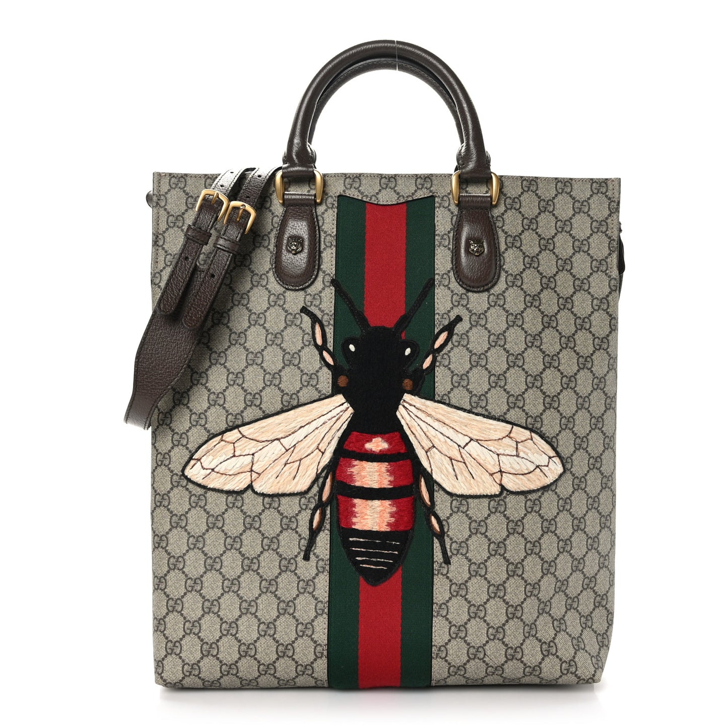 GG Supreme Monogram Web Animalier Bee Vertical Tote Brown
