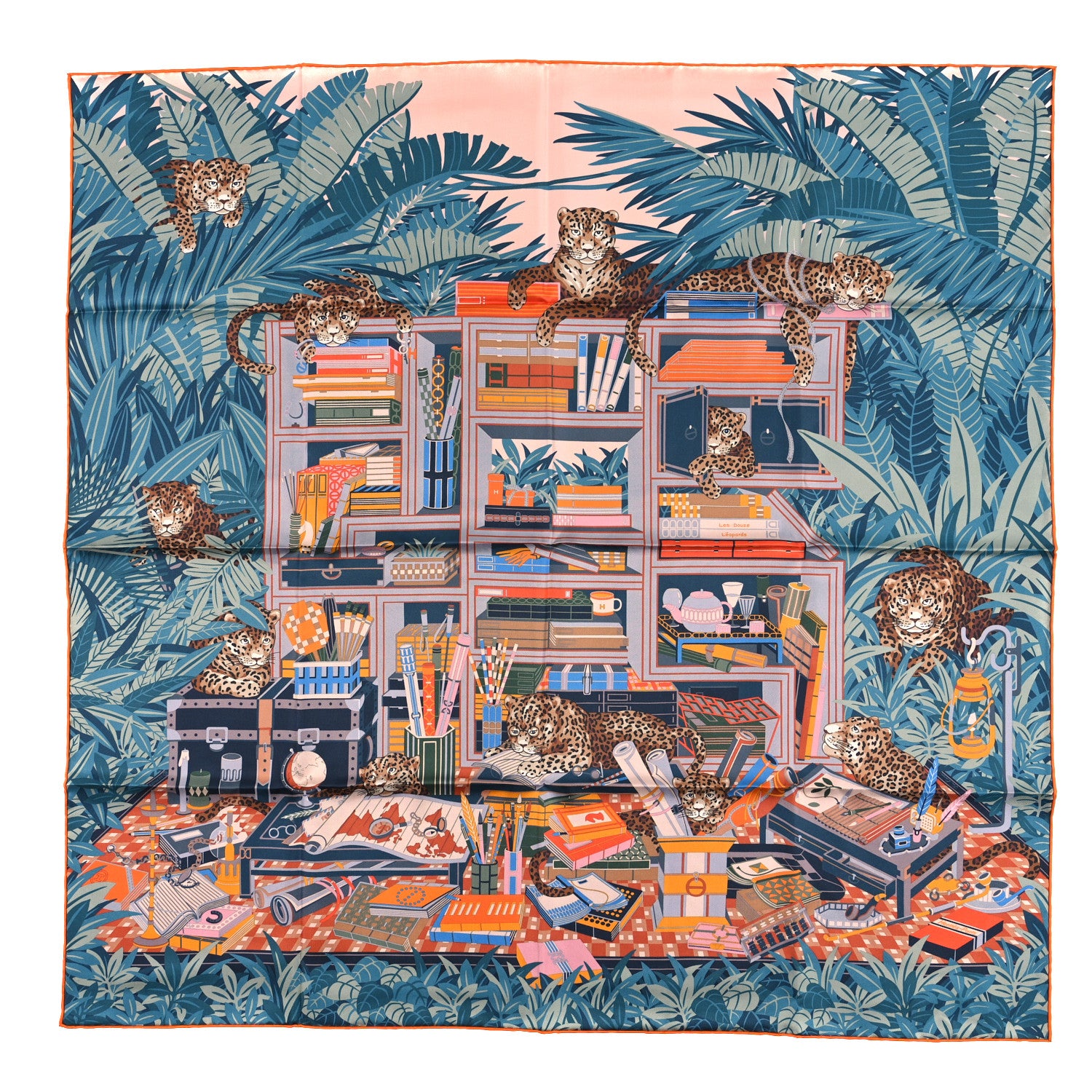 Hermes Silk Les Douze Leopards Double Face Scarf 90 Rose Poudre Ardois 1 of 4
