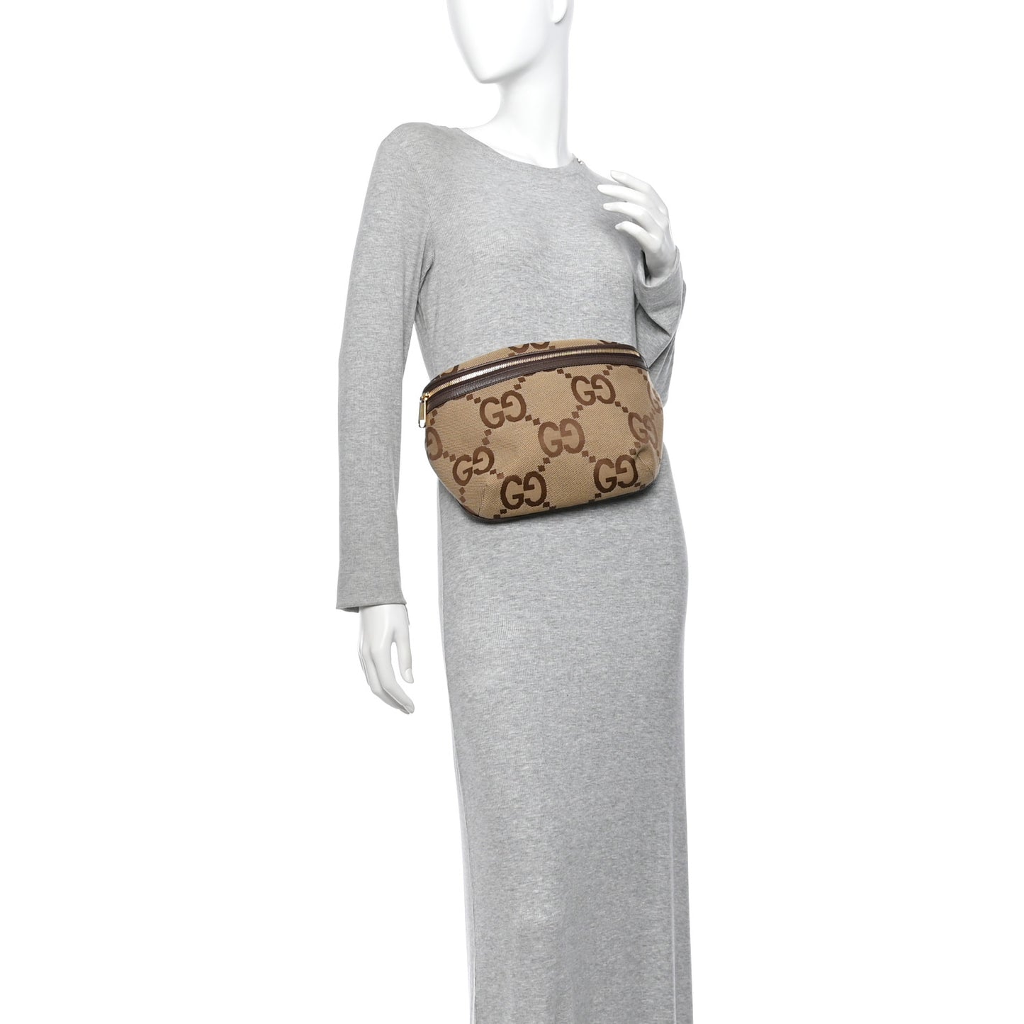 Monogram Jumbo GG Textured Dollar Calfskin Web Belt Bag Camel Ebony New Acero