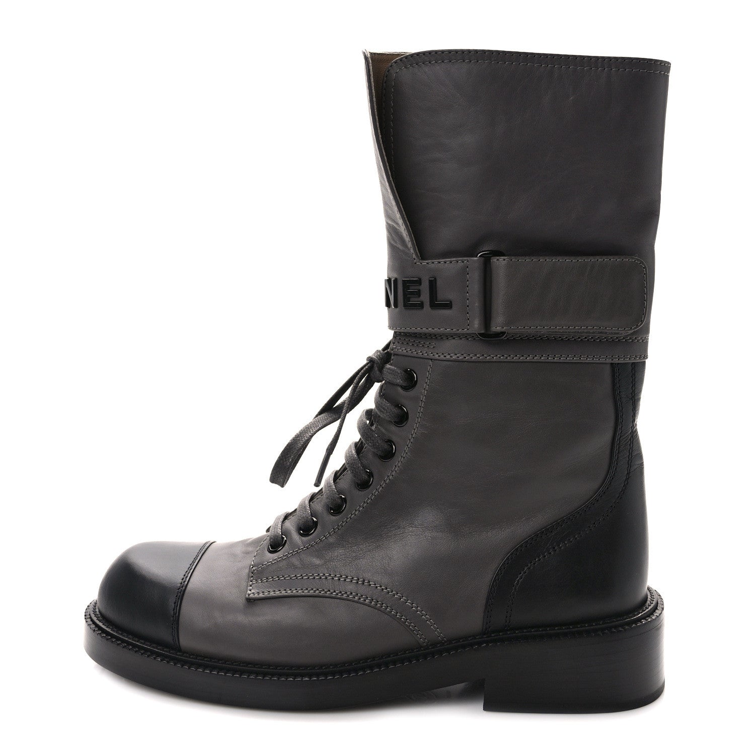 Chanel Calfskin Lace Up Logo Mid Calf Combat Boots 36.5 Grey Black 1 of 8