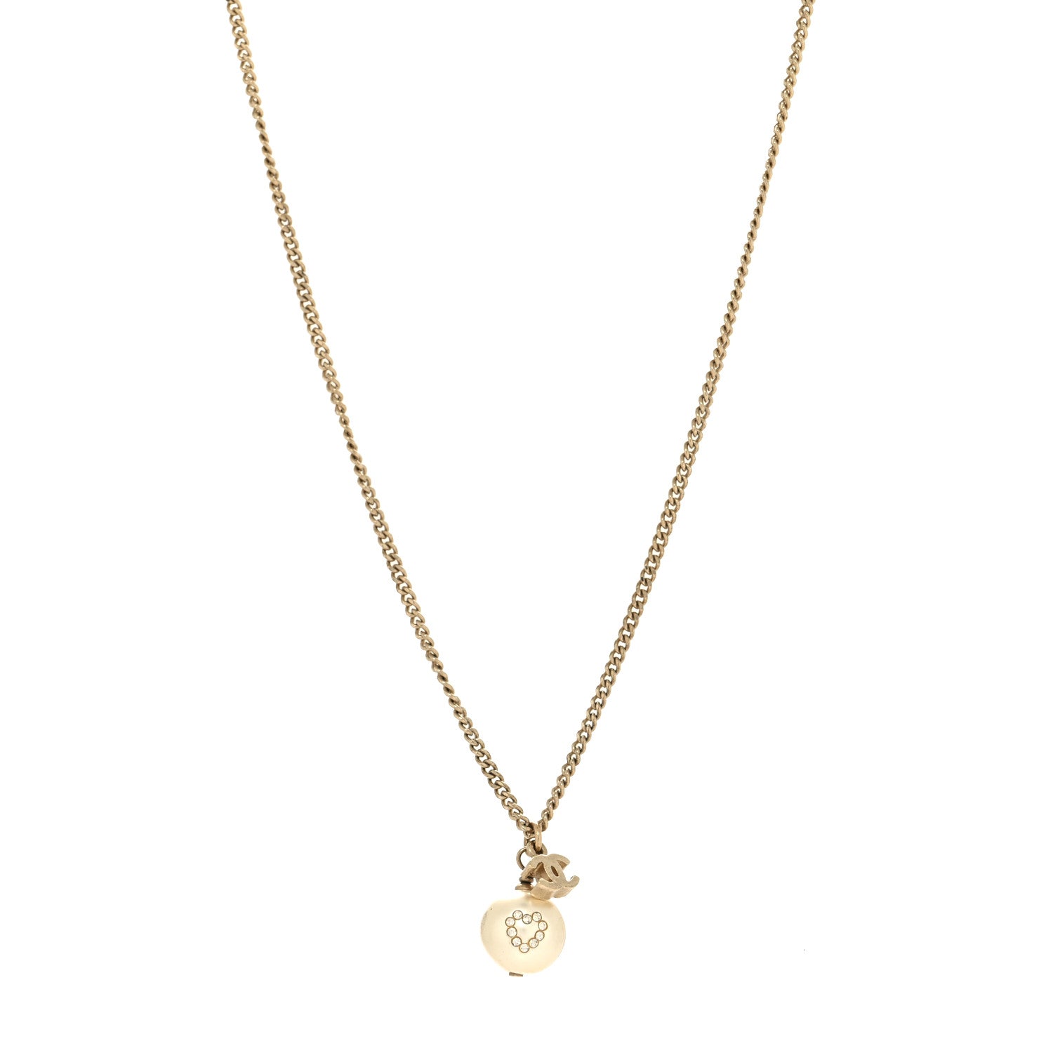 Chanel Pearl Crystal CC Heart Necklace Gold White 1 of 5