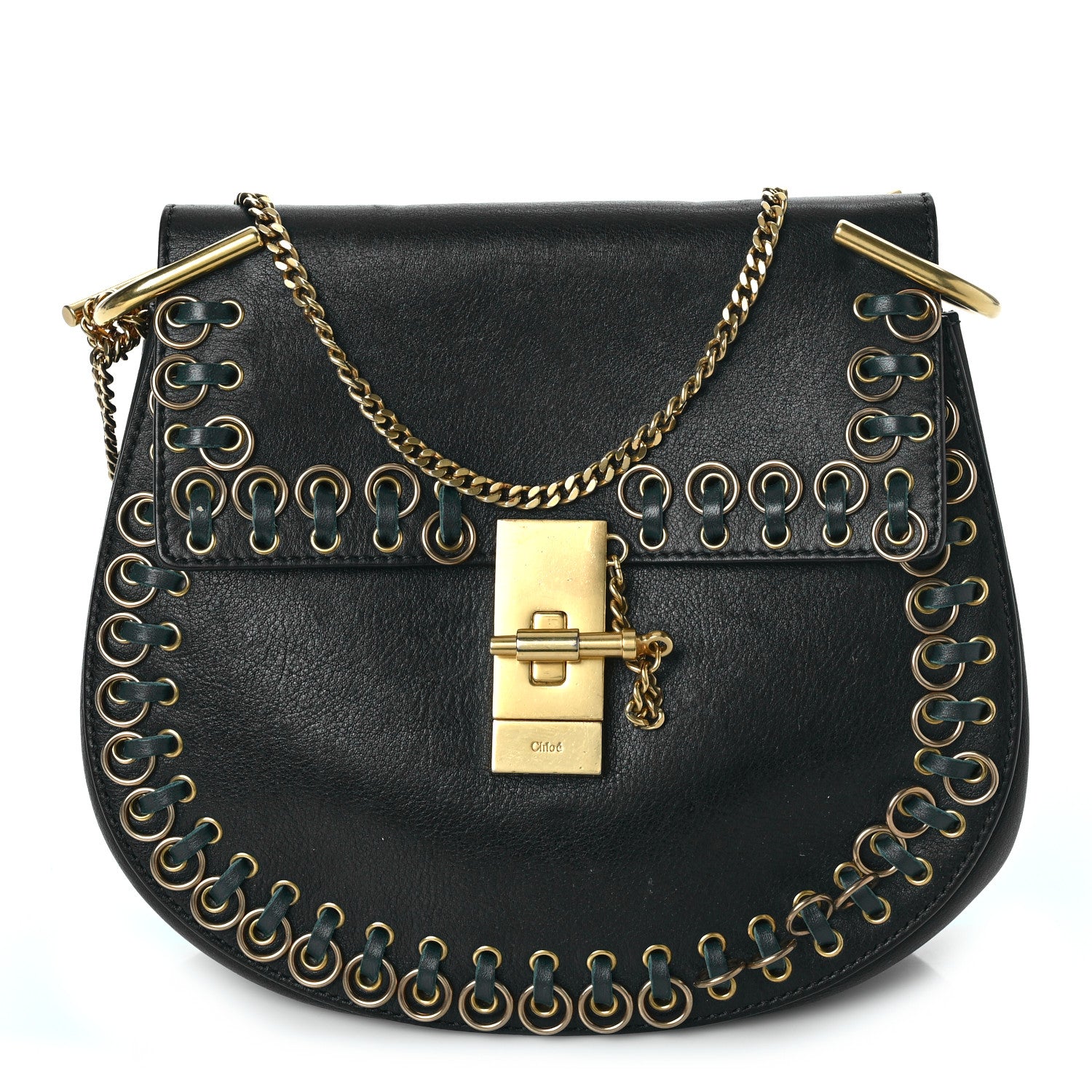 Chloe Calfskin Whipstitch Grommet Drew Shoulder Bag Black 1 of 9