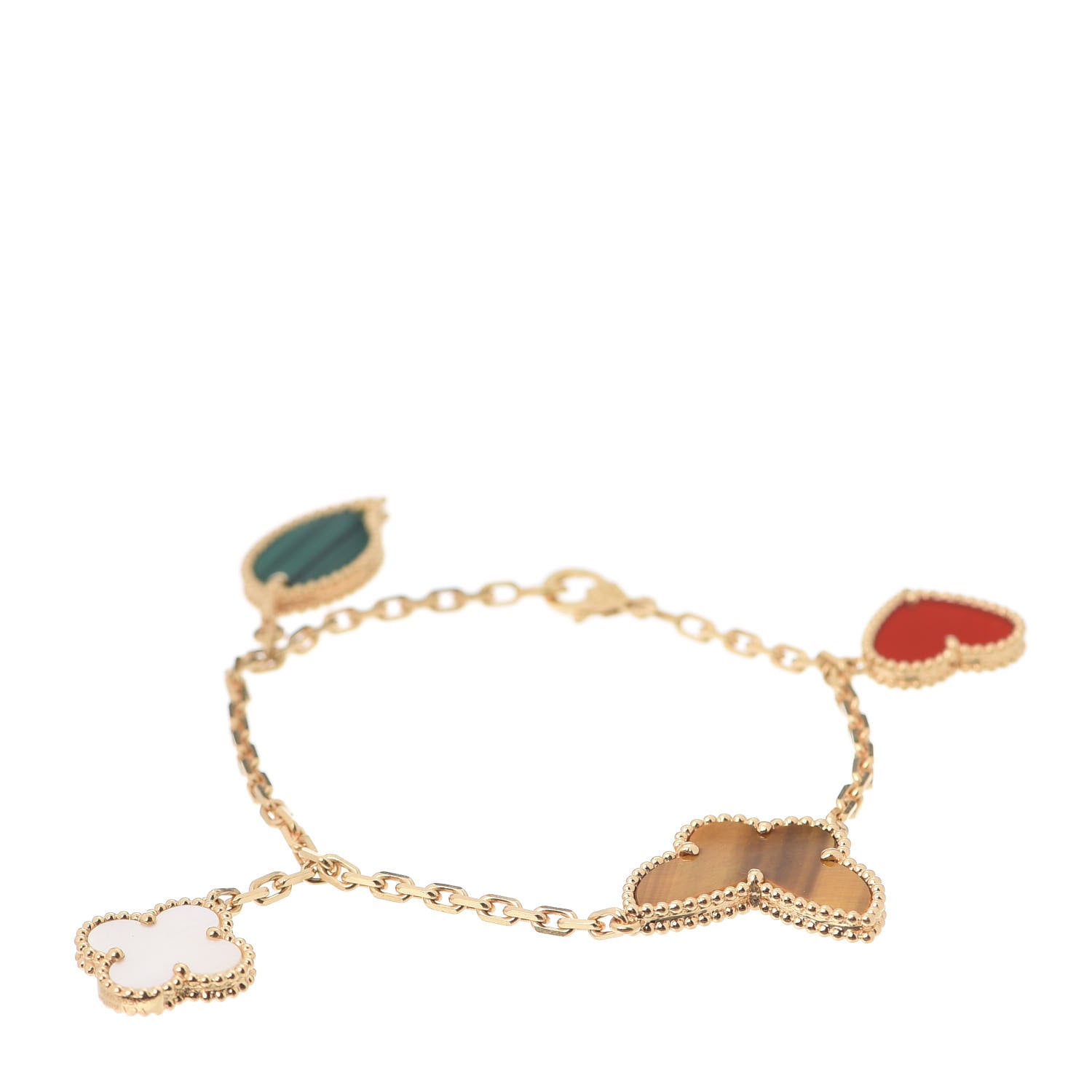 Van Cleef & Arpels 18K Yellow Gold Mother of Pearl Malachite Carnelian Tiger Eye 4 Motifs Lucky Alhambra Bracelet 1 of 6