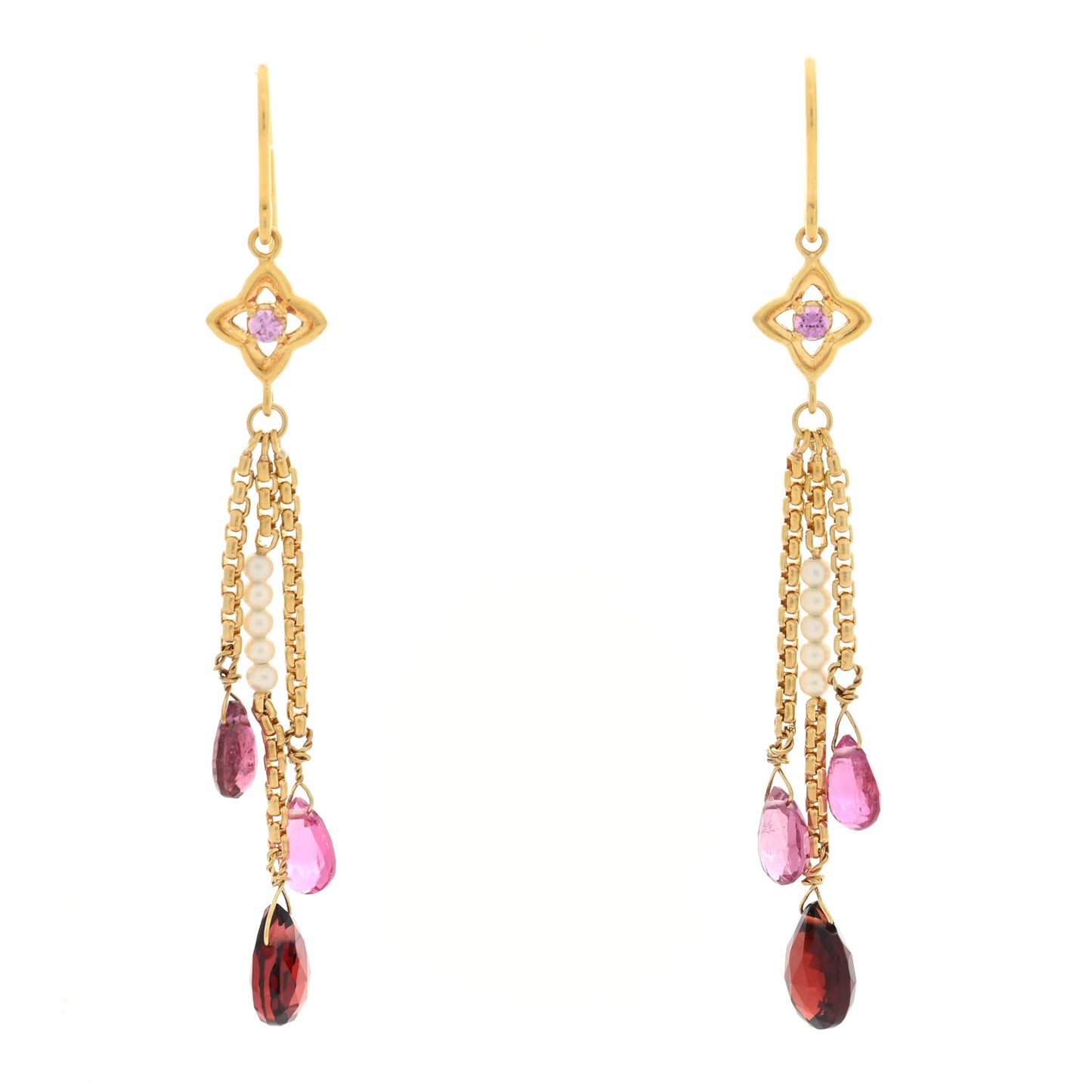 18K Yellow Gold Garnet Amethyst Pink Tourmaline Cultured Pearl Quatrafoil Chain Drop Earrings
