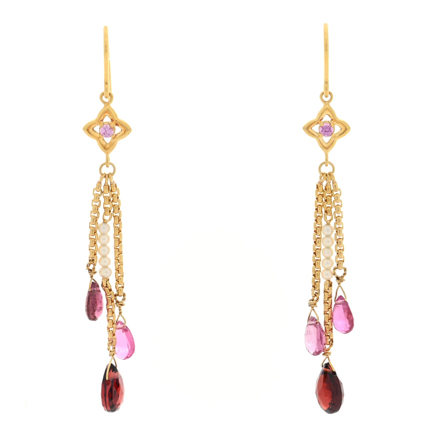 David Yurman 18K Yellow Gold Garnet Amethyst Pink Tourmaline Cultured Pearl Quatrafoil Chain Drop Earrings 1 of 4