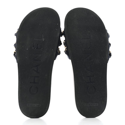 Chanel Satin Canvas Chain Slides Sandals Flats 38 Marine 5 of 9