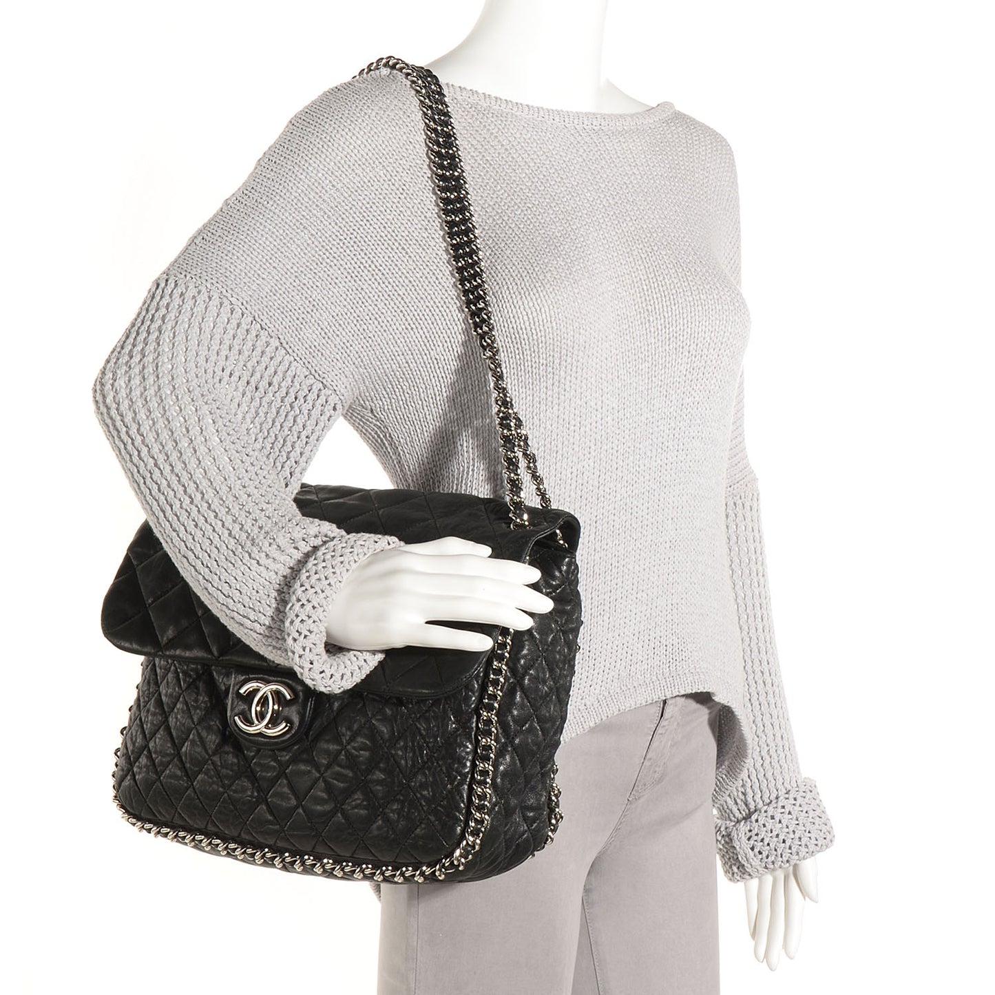 Crumpled Lambskin Chain Around Maxi Flap Bag Black