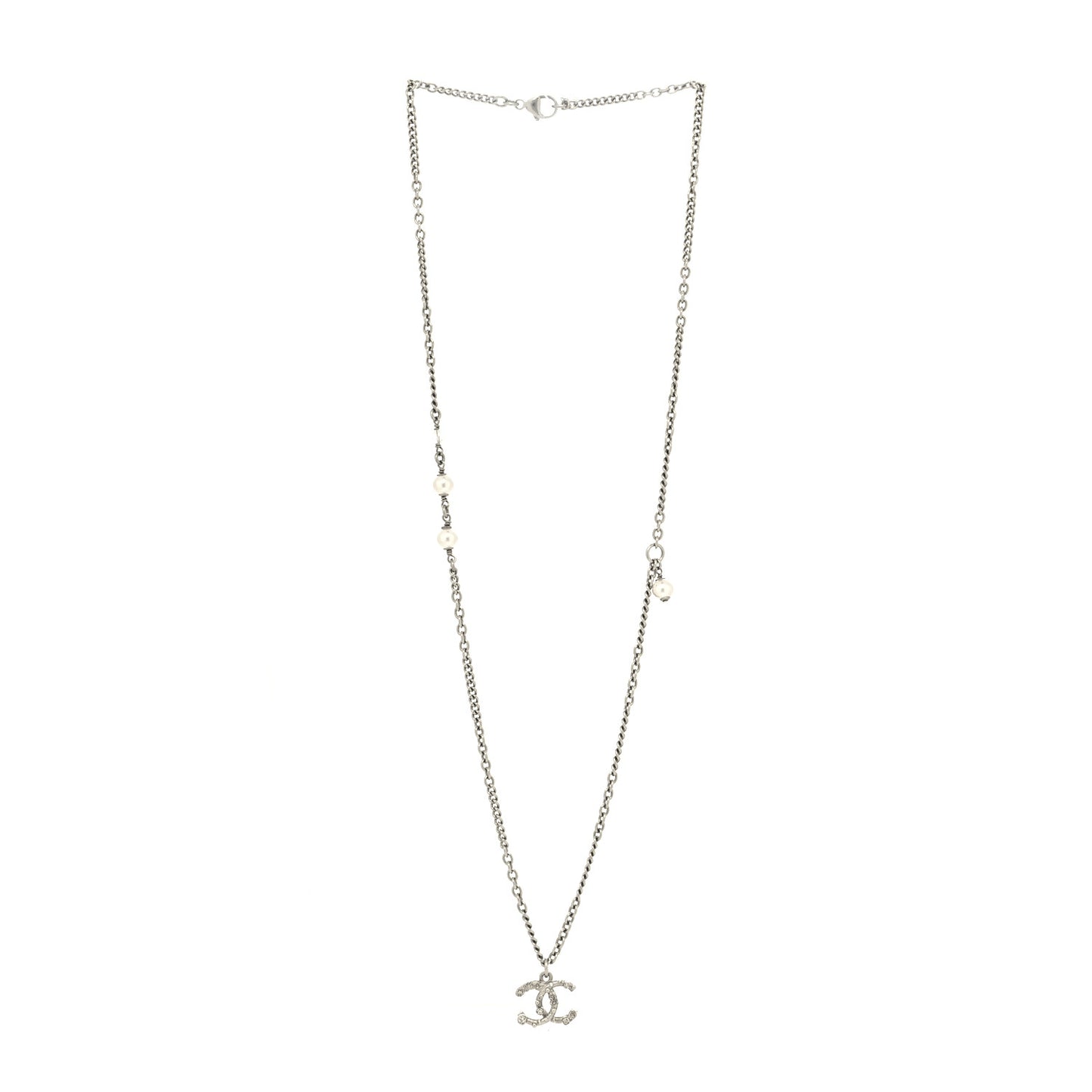 Crystal Pearl Chain CC Pendant Necklace Silver
