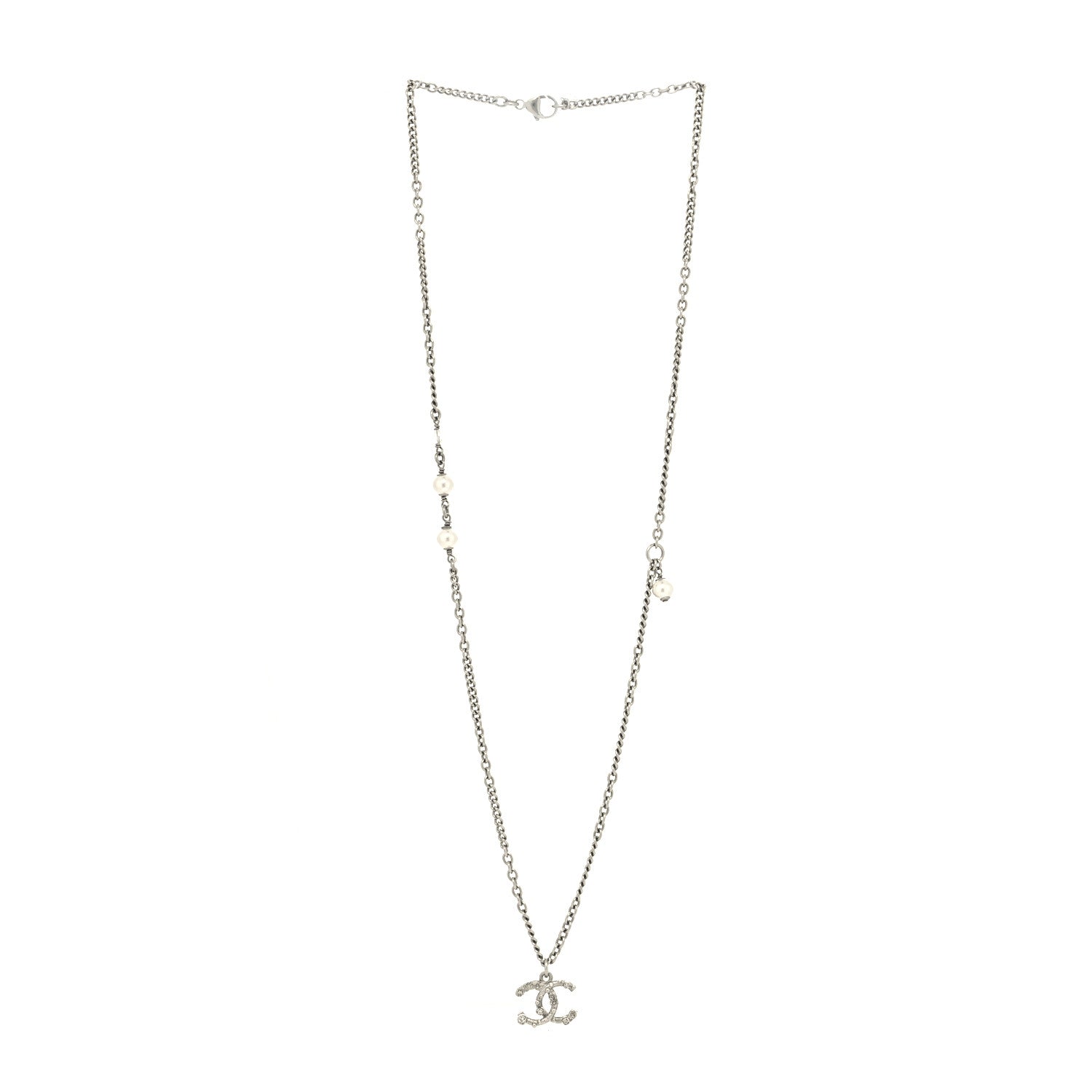 Chanel Crystal Pearl Chain CC Pendant Necklace Silver 3 of 5