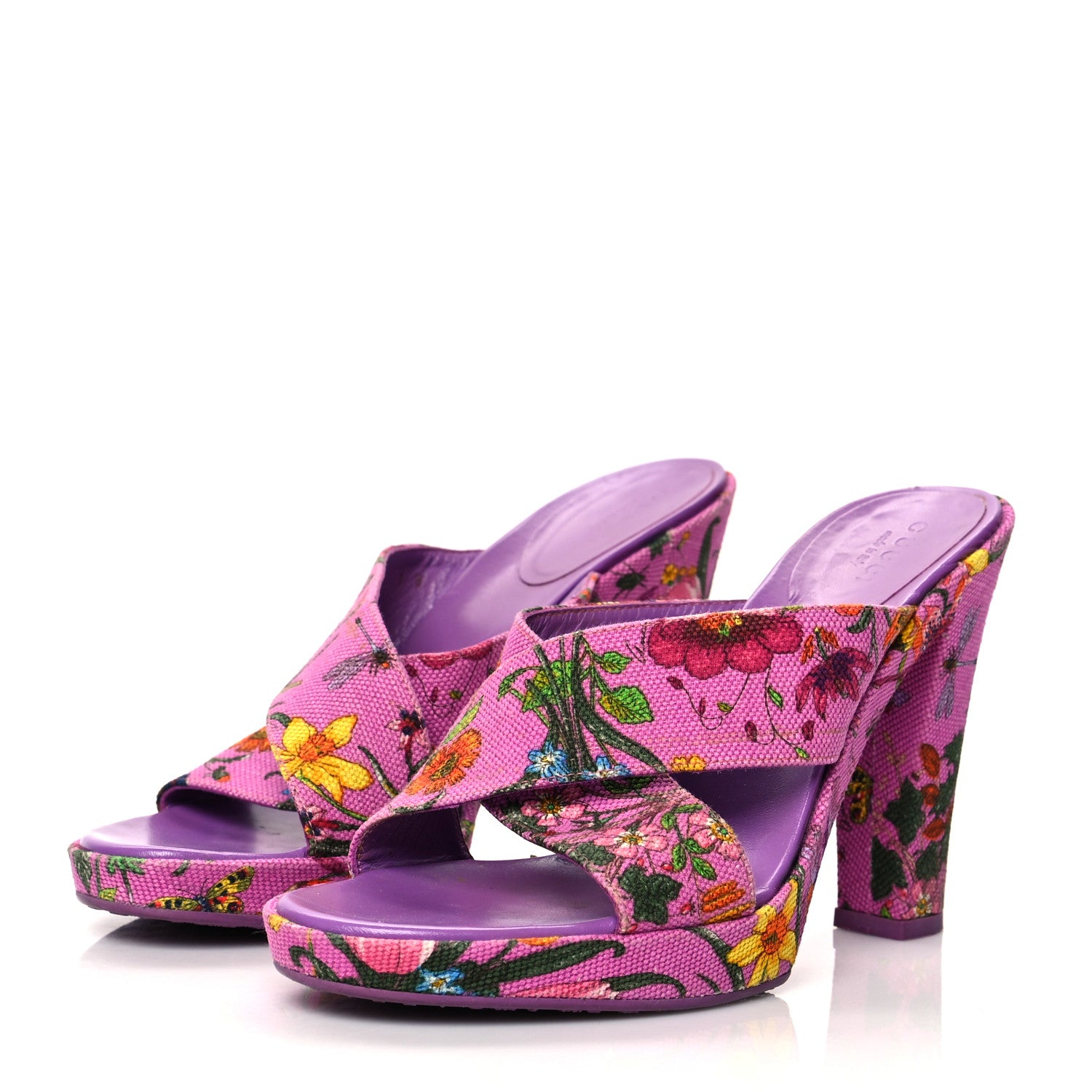 Gucci Canvas Floral Print Webby Crossover High Heel Slide Sandals 37 Cyclamin Multicolor 3 of 7