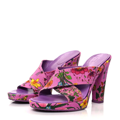 Gucci Canvas Floral Print Webby Crossover High Heel Slide Sandals 37 Cyclamin Multicolor 3 of 7