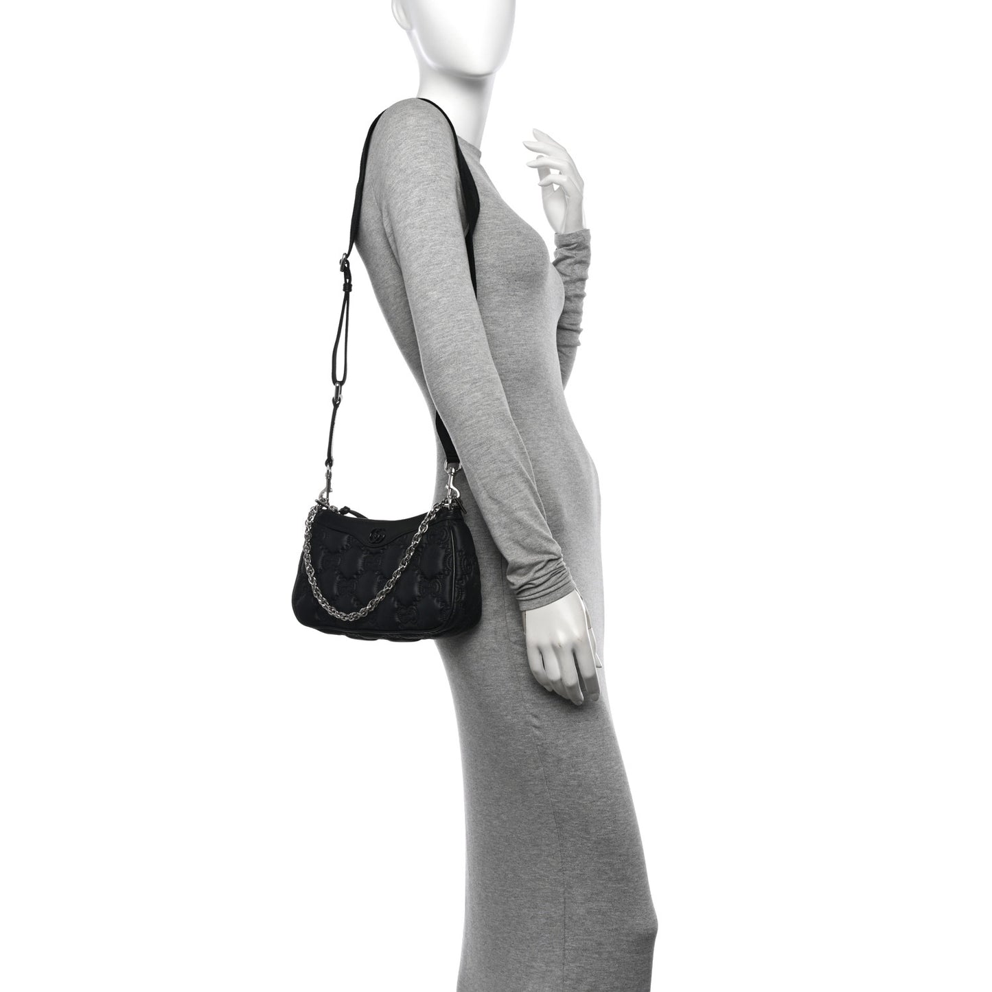 Nylon Calfskin Enamel GG Matelasse Chain Handbag Black