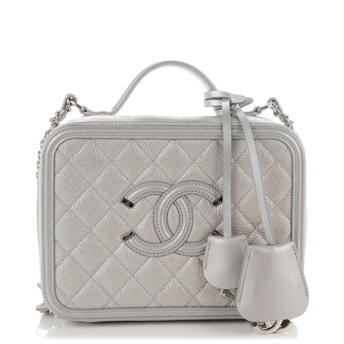 Metallic Caviar Quilted Medium CC Filigree Vanity Case Silver