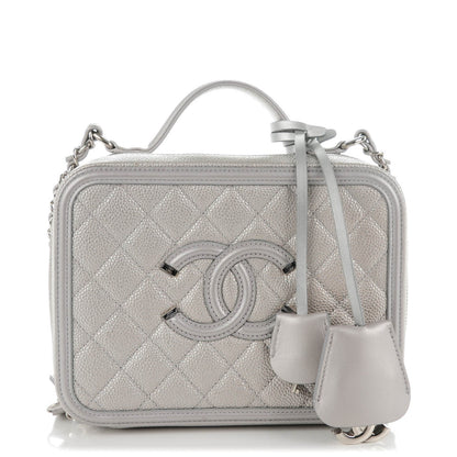Chanel Metallic Caviar Quilted Medium CC Filigree Vanity Case Silver 1 of 8