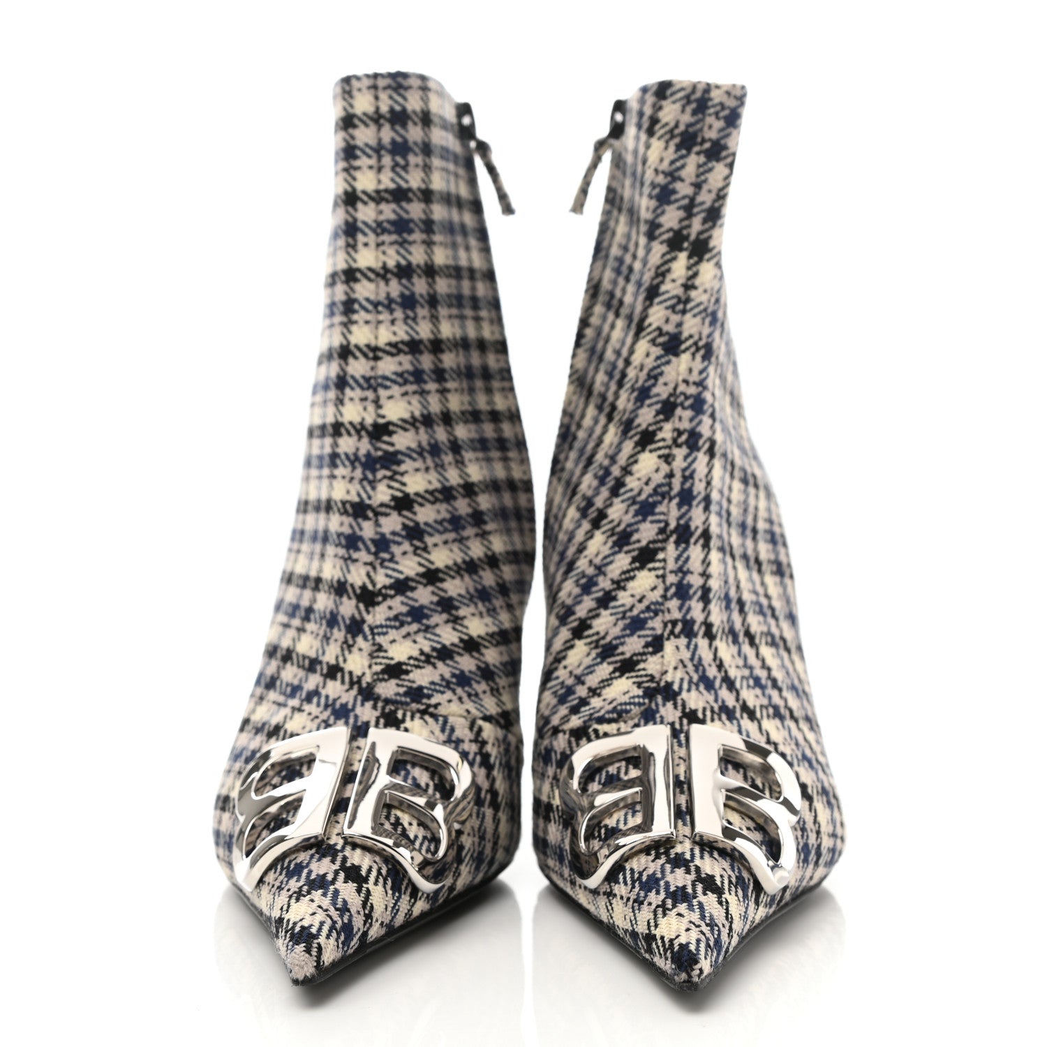 Balenciaga Wool Check BB Pointy Toe Ankle Booties 40 Beige Navy Silver 2 of 9