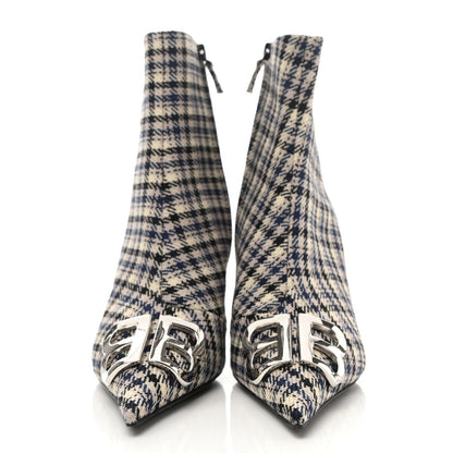 Balenciaga Wool Check BB Pointy Toe Ankle Booties 40 Beige Navy Silver 2 of 9