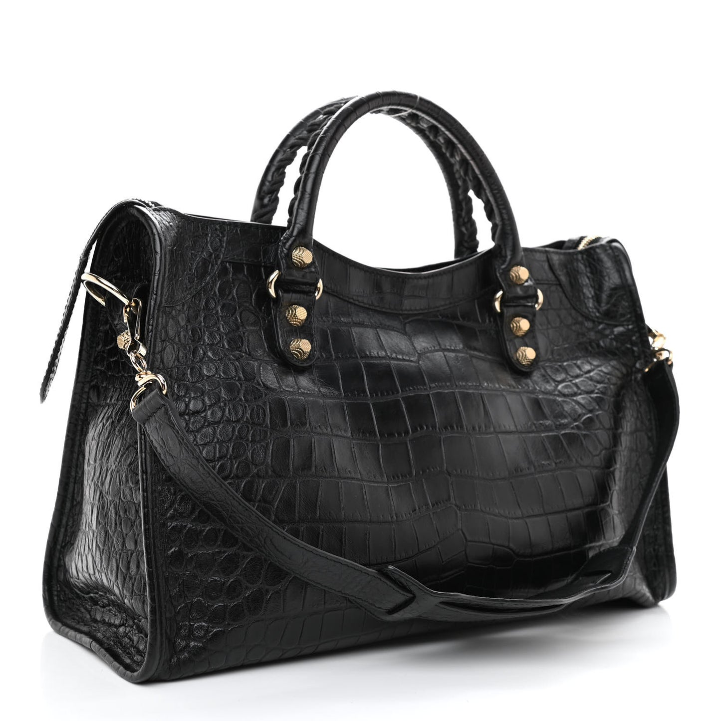 Calfskin Crocodile Embossed Giant 12 Gold Hardware City Black