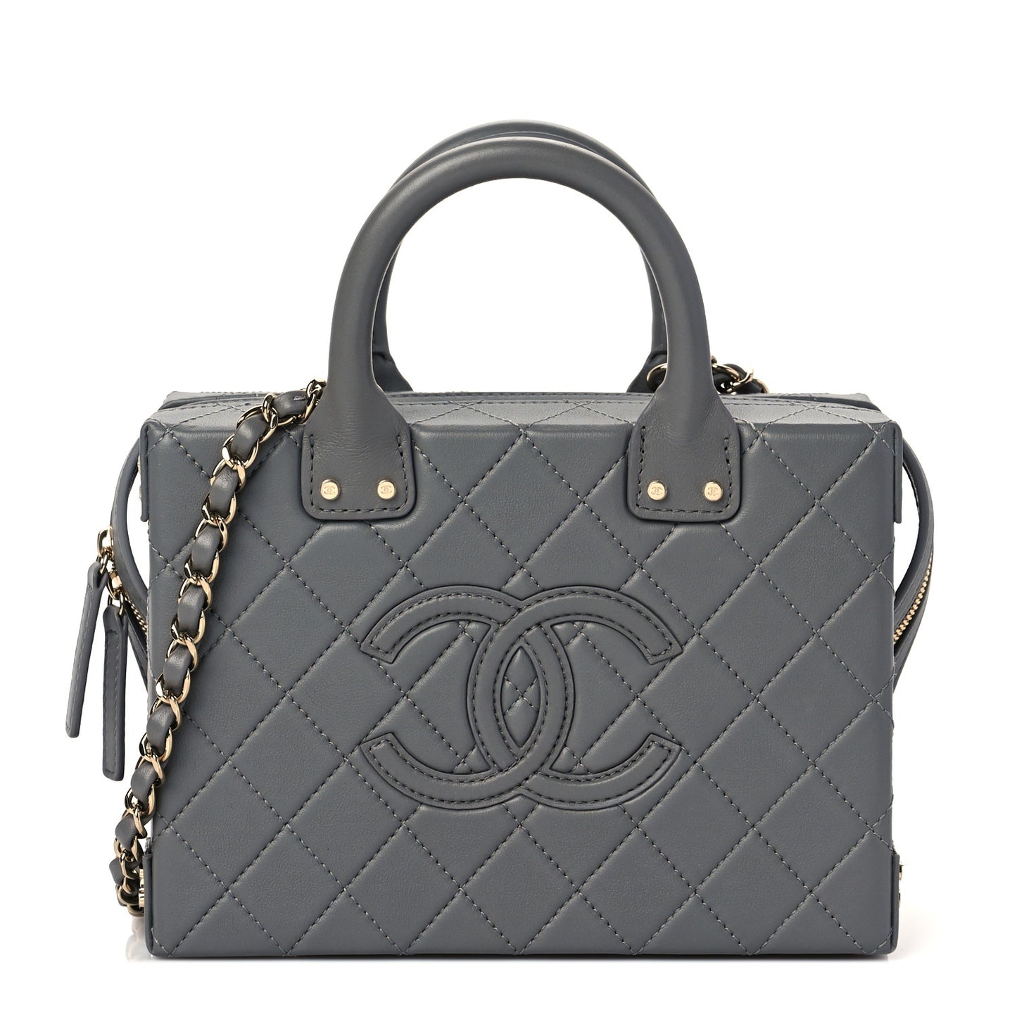 Calfskin Quilted Studded Square Vanity Case Grey