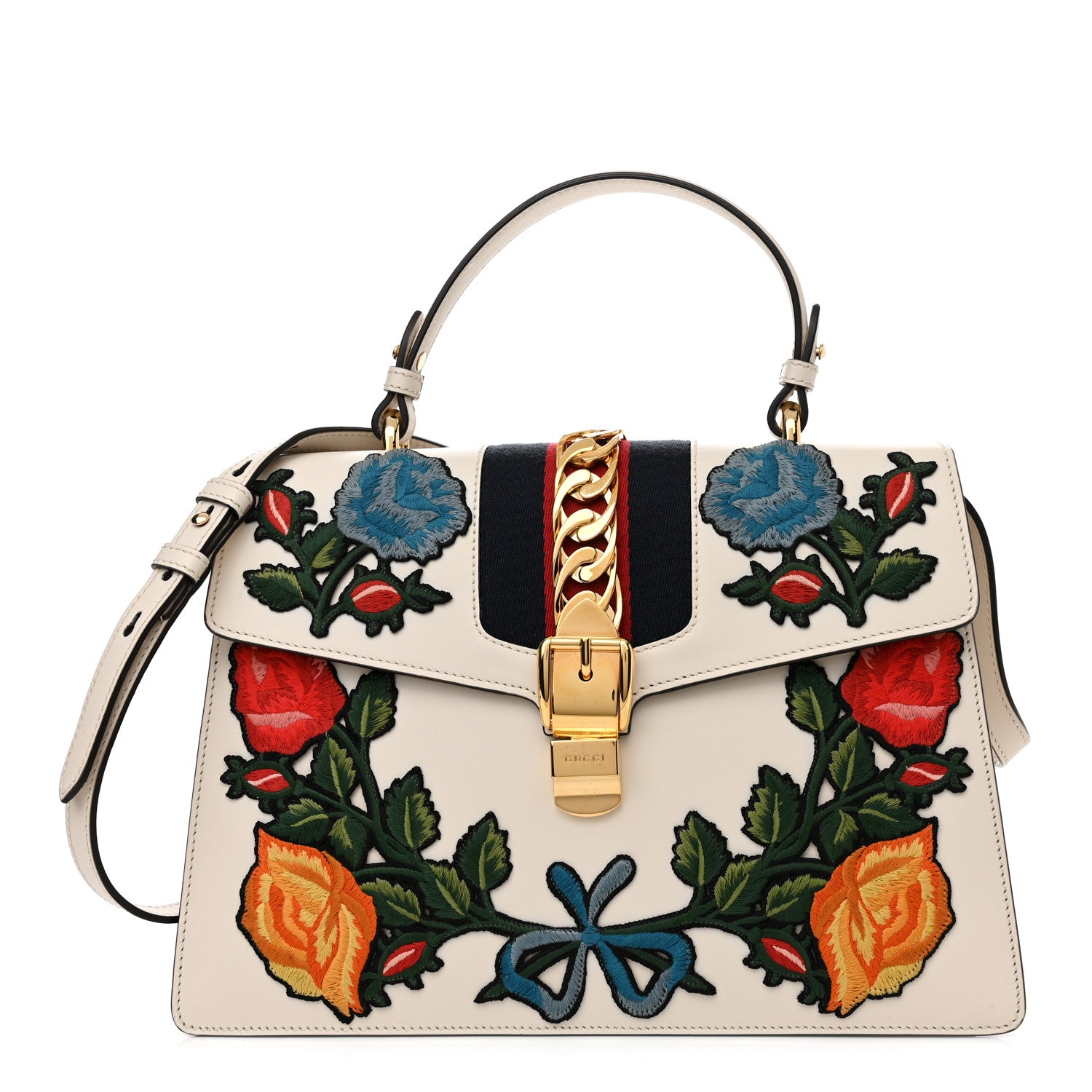 Gucci Calfskin Floral Medium Sylvie Top Handle Bag Off White 1 of 11
