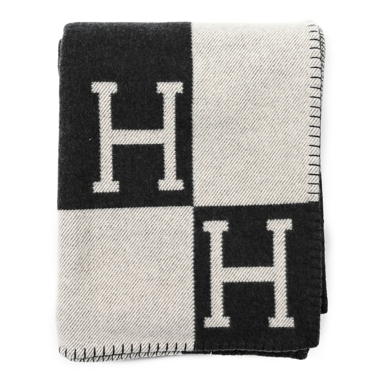 Hermes Wool Cashmere Avalon Signature Blanket Ecru Gris Fonce 1 of 3