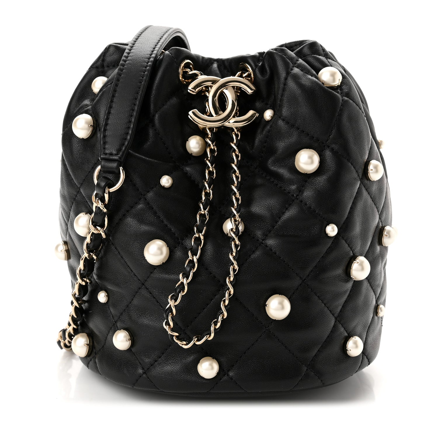 Lambskin Quilted Pearl About Pearls Drawstring Bag Black