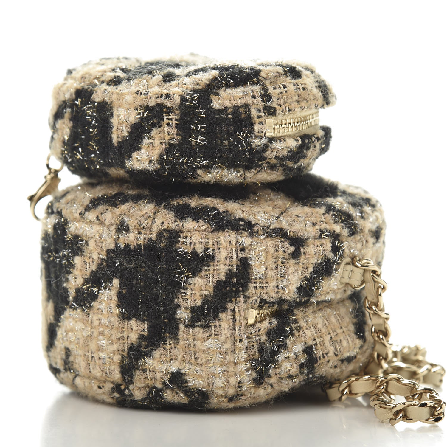 Chanel Tweed Shearling Round Clutch With Chain and Coin Purse Beige Black 10 of 12
