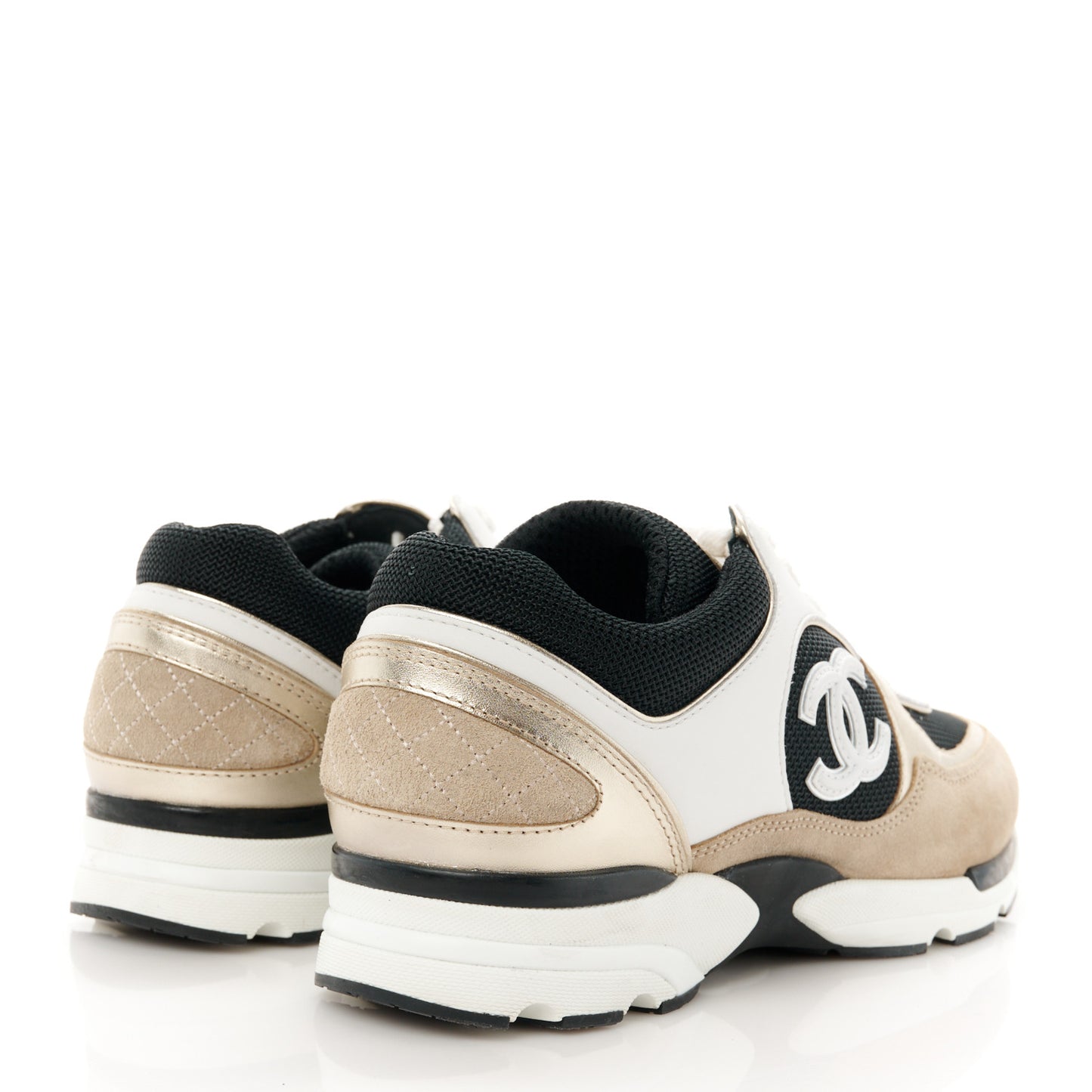 Mesh Suede Calfskin Womens CC Sneakers 38 White Black Beige Gold
