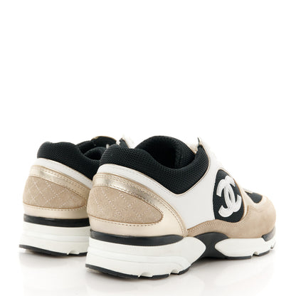 Chanel Mesh Suede Calfskin Womens CC Sneakers 38 White Black Beige Gold 4 of 8