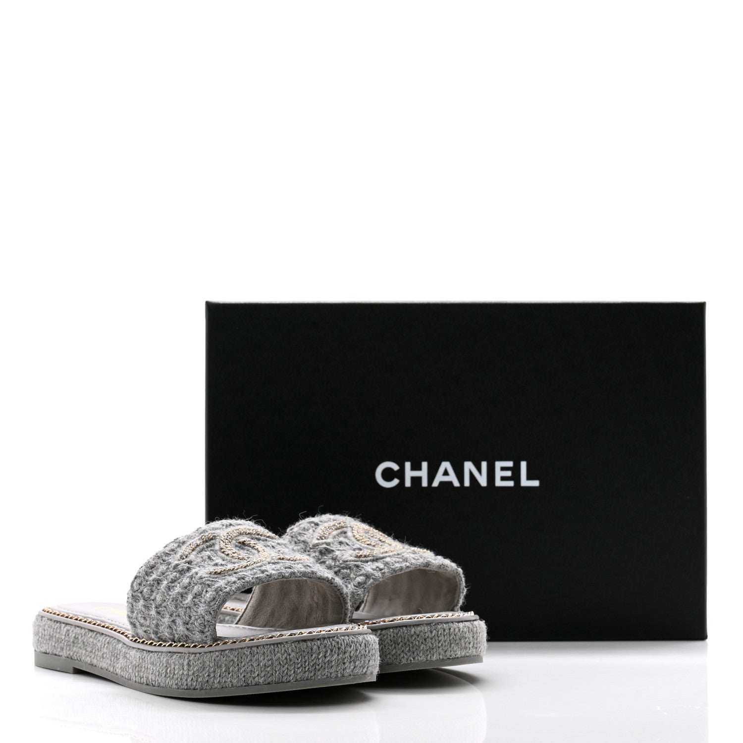 Chanel Wool Alpaca Chain CC Slide Sandals 37 Gray 9 of 9