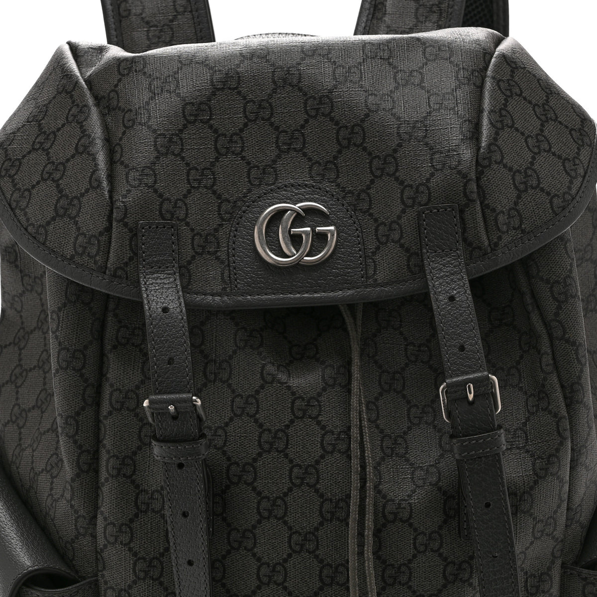 GG Supreme Monogram Textured Dollar Calfskin Medium Ophidia Double Buckle Backpack Grey Black Graphite Grey