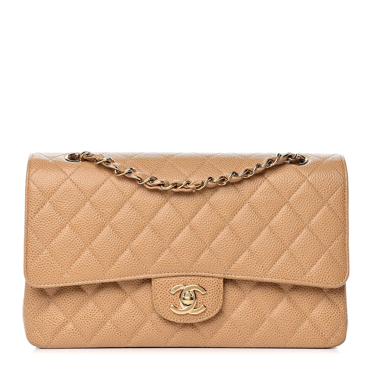 Caviar Quilted Medium Double Flap Beige