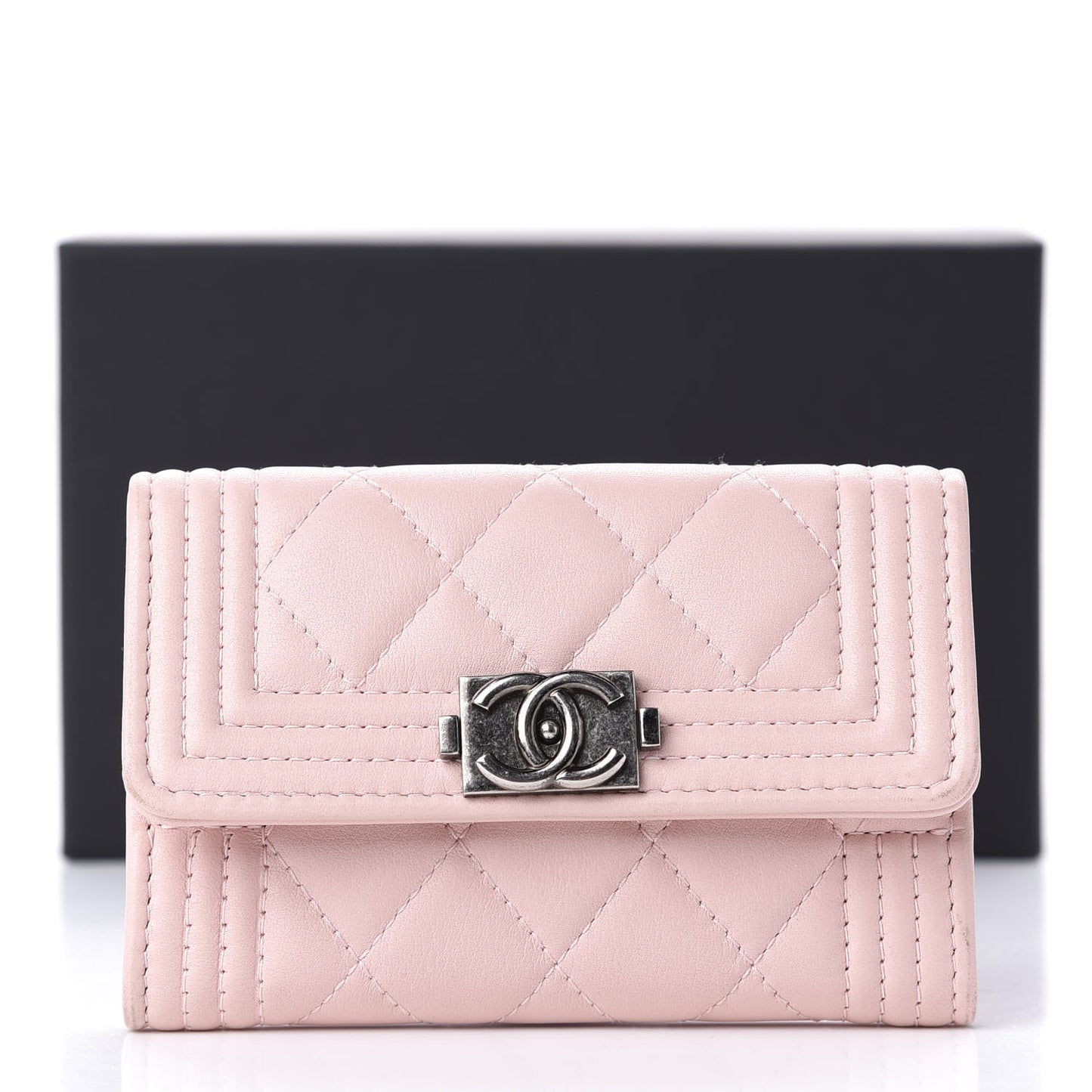 Grained Shiny Calfskin Quilted Boy Flap Card Holder Pink