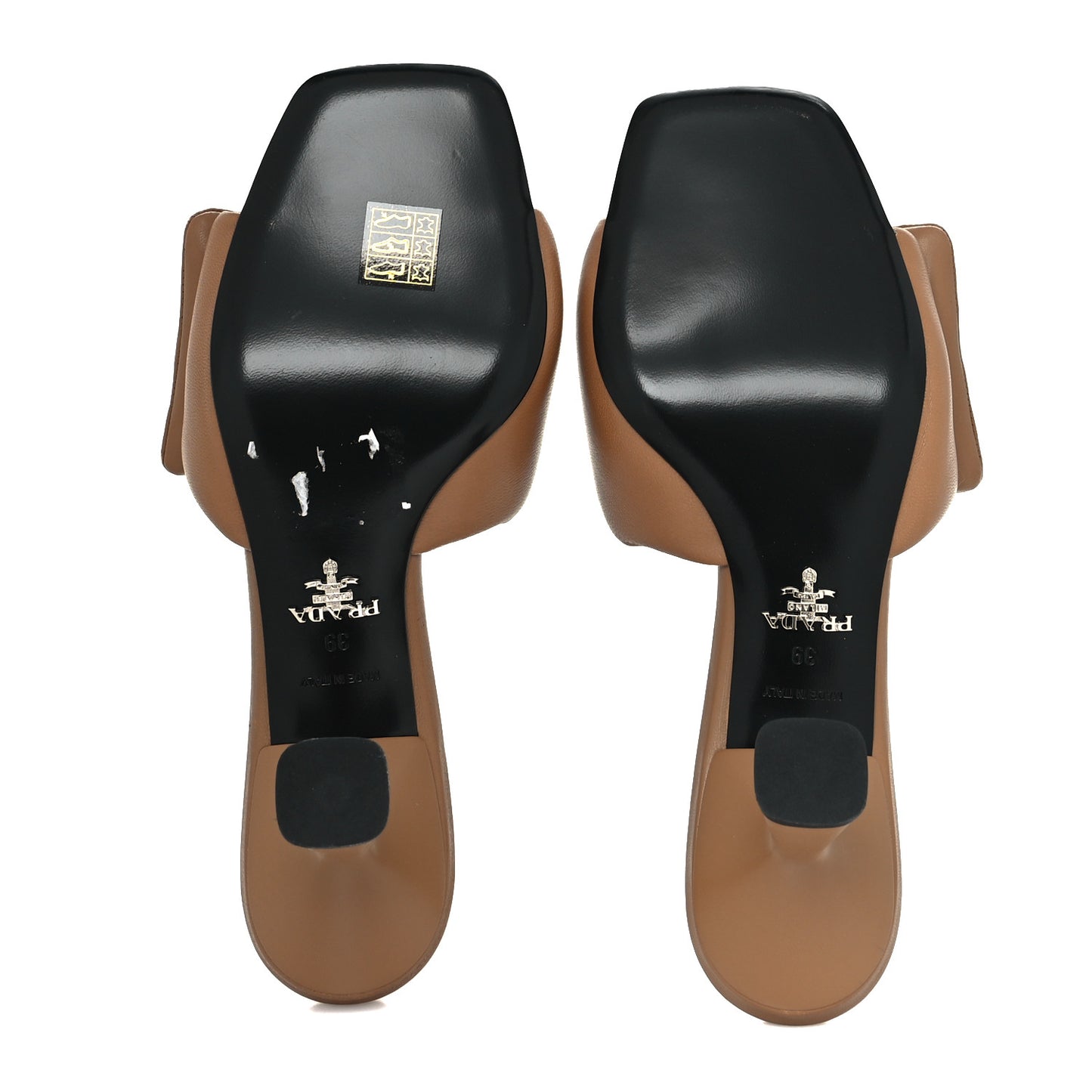 Nappa Soft Padded Metal Triangle Logo 65mm Slide Sandals 39 Caramel